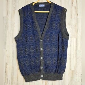Vintage Jantzen Grandpa Cardigan Vest L Argyle Grey Blue 80s 90s Academia